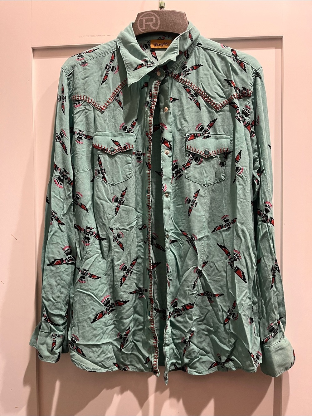 Wrangler Mint Green Western Button-Down Shirt with Bird Print